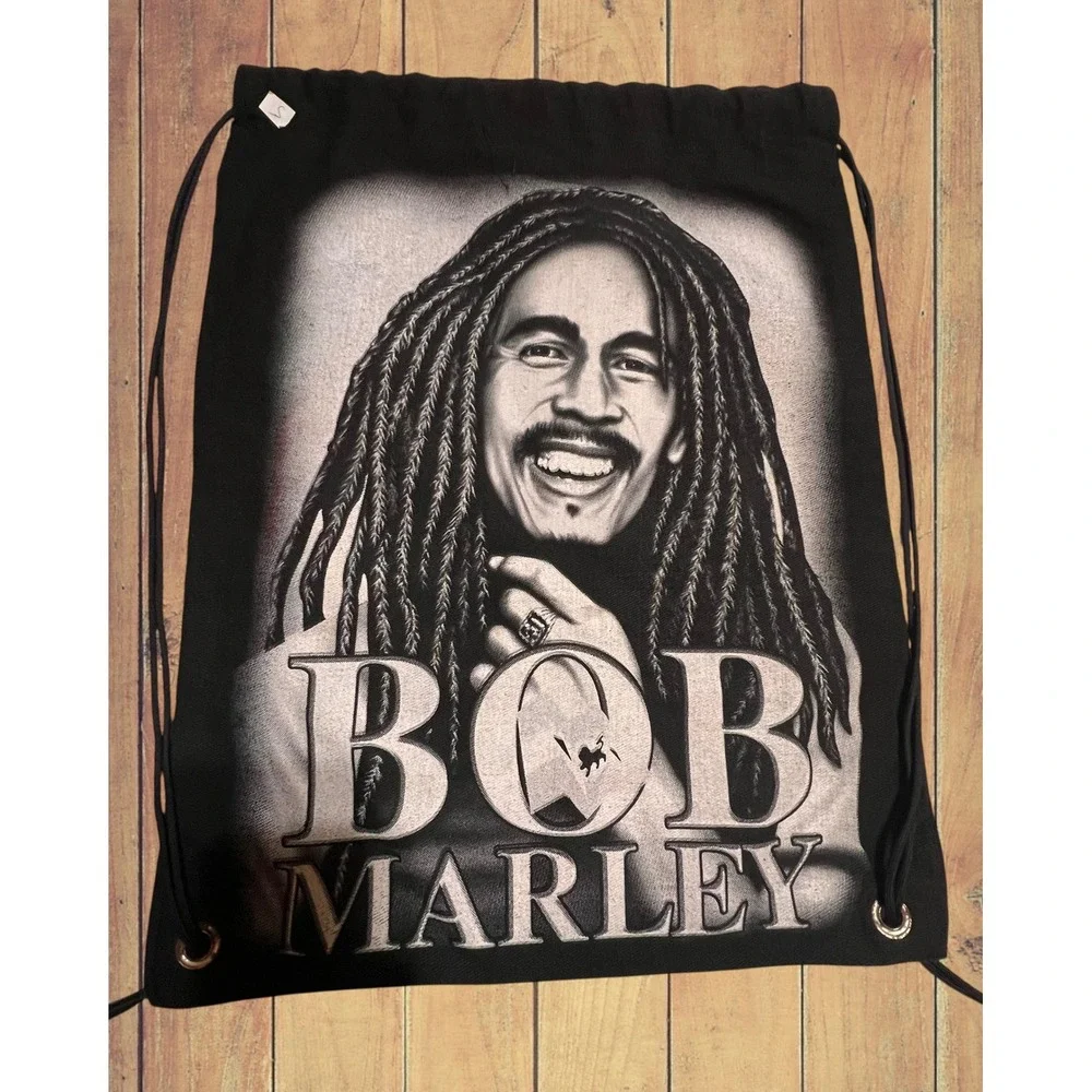 Bob Marley Drawstring Backpack Cinch Bag Reggae Music Graphic Black Canvas 19x14